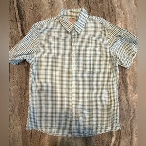 LL Bean Mens Organic Trad Fit Short Sleeve Plaid Seersucker Shirt Turquoise  M